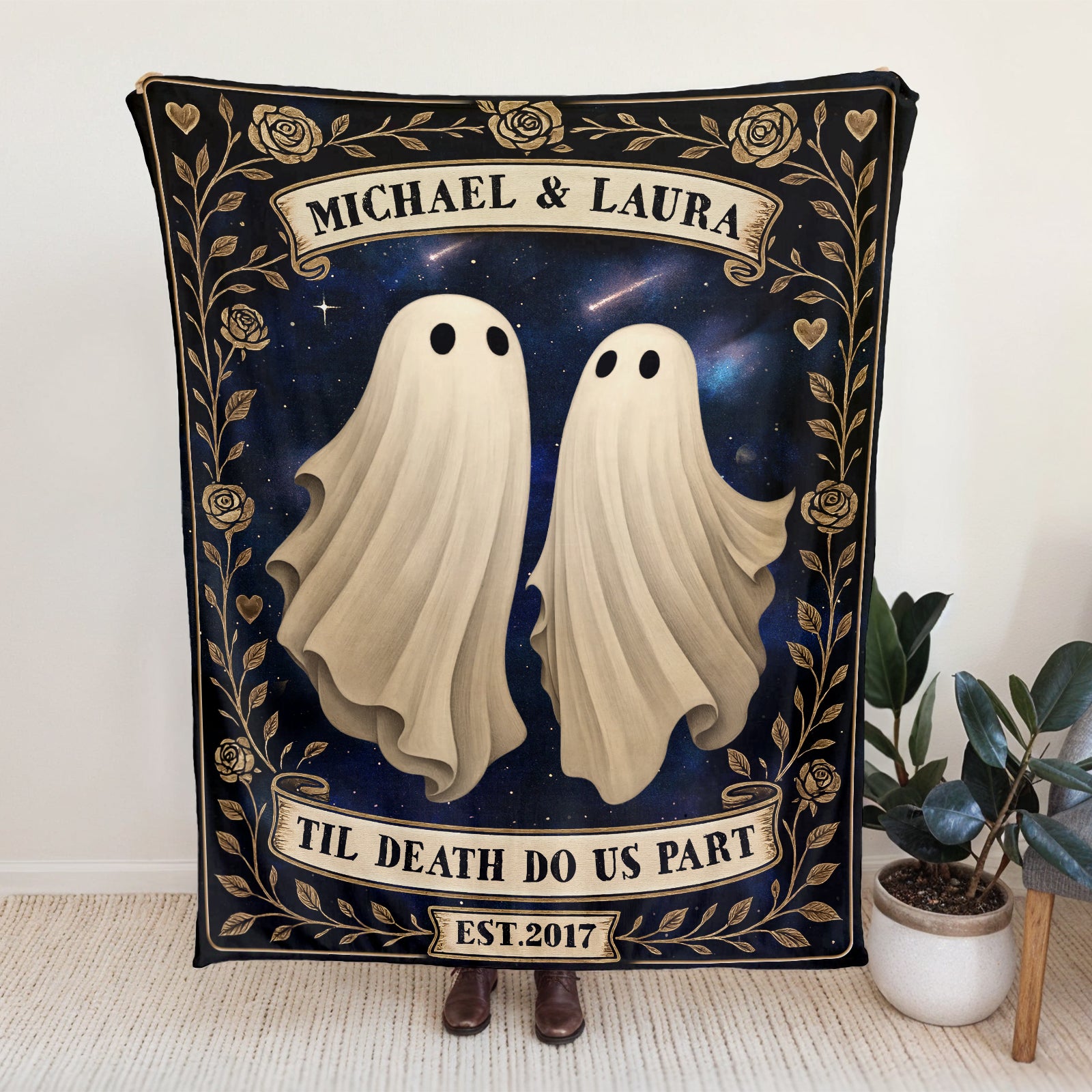 personalized Halloween blanket for couples with two ghost figures Michael and Laura night sky floral border