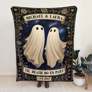 personalized Halloween blanket for couples with two ghost figures Michael and Laura night sky floral border