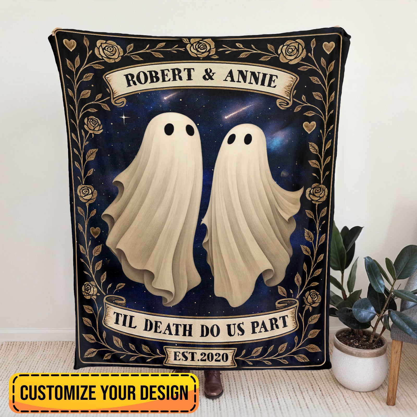 Ceramic white mug with blue butterfly sisters design and custom names 365Gifty personalized Halloween blanket for couples