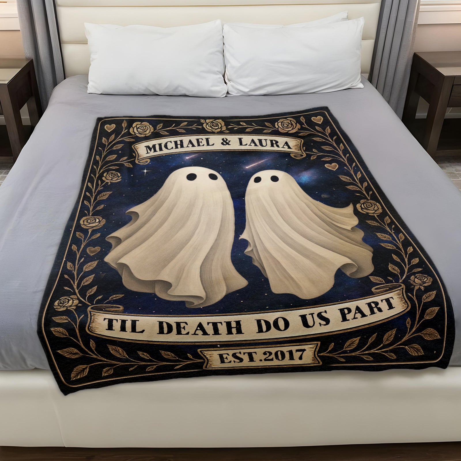 Mockup of personalized Halloween blanket for couples showing wooden Partners in Crime design with two cartoon women and names