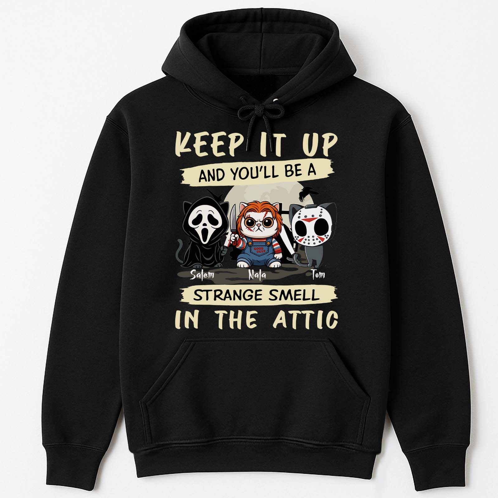365Gifty personalized Halloween cat shirt black hoodie showing three cats dressed as horror characters and Keep It Up attic text