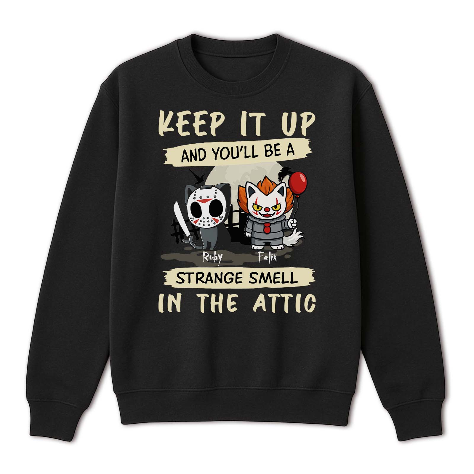 Black crewneck sweatshirt featuring two cartoon cats dressed as horror icons with text and personalized Halloween cat shirt