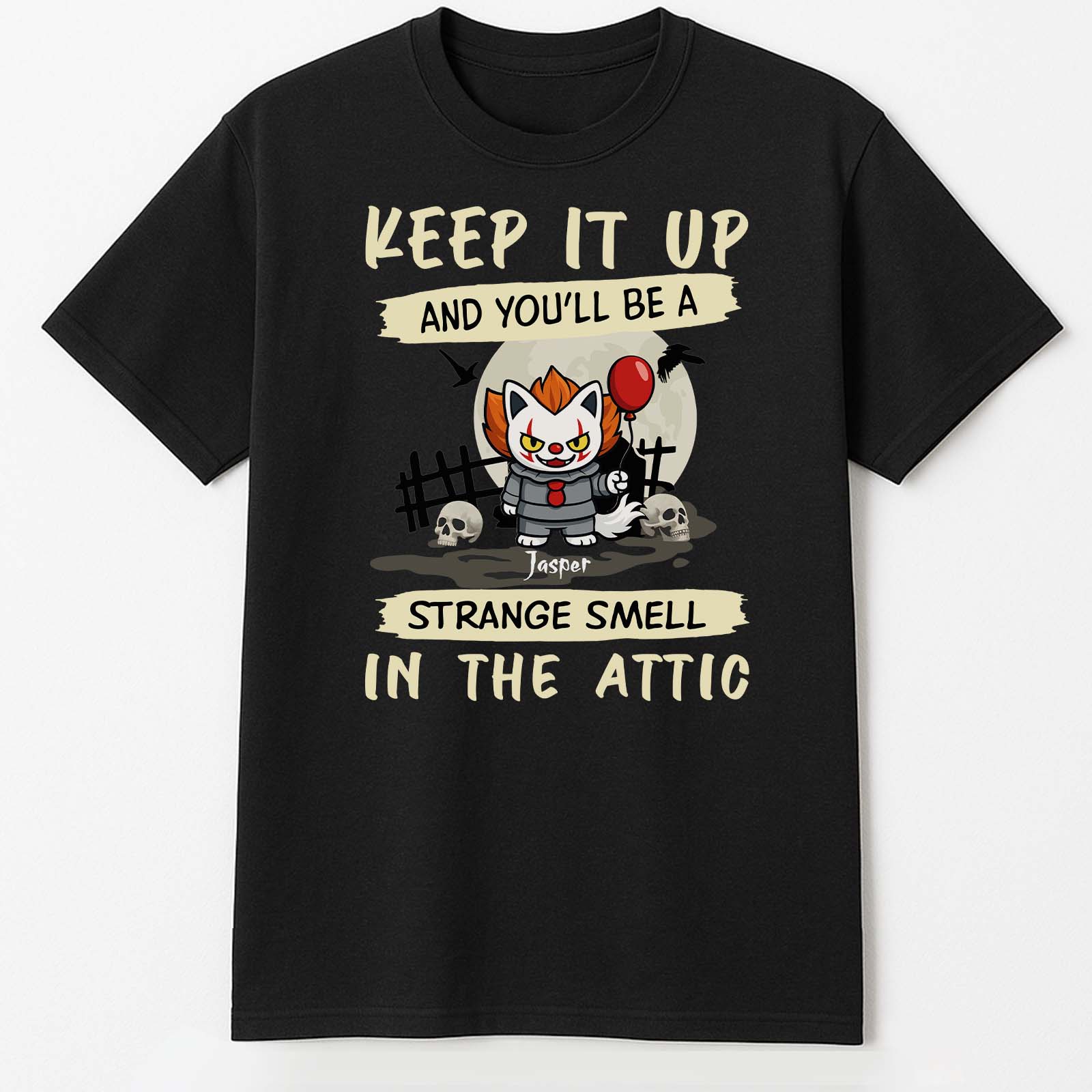 Black personalized Halloween cat shirt with creepy clown cat holding red balloon over skulls and tombstones