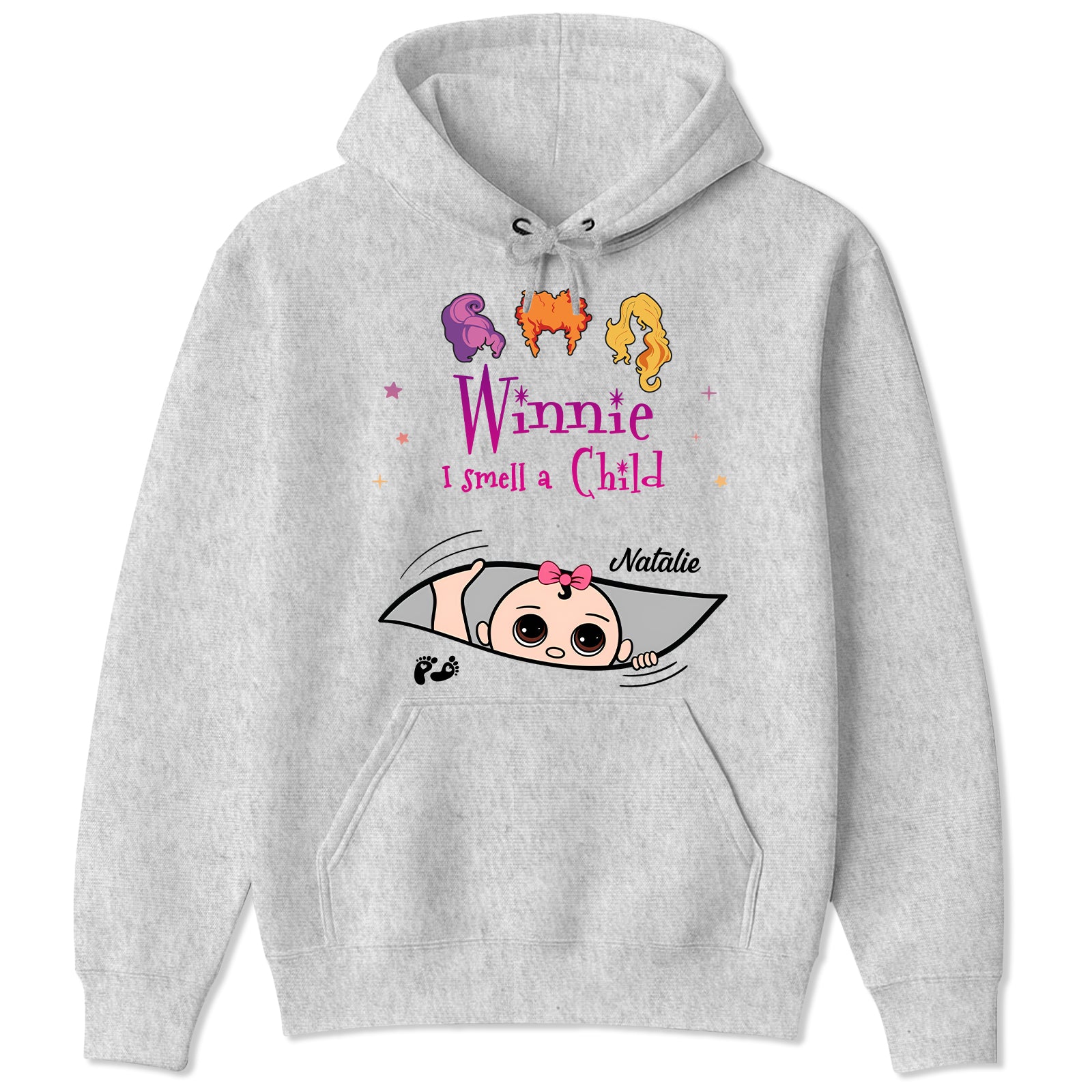 365Gifty personalized Halloween shirt gray hoodie with baby peeking from pocket and name Natalie