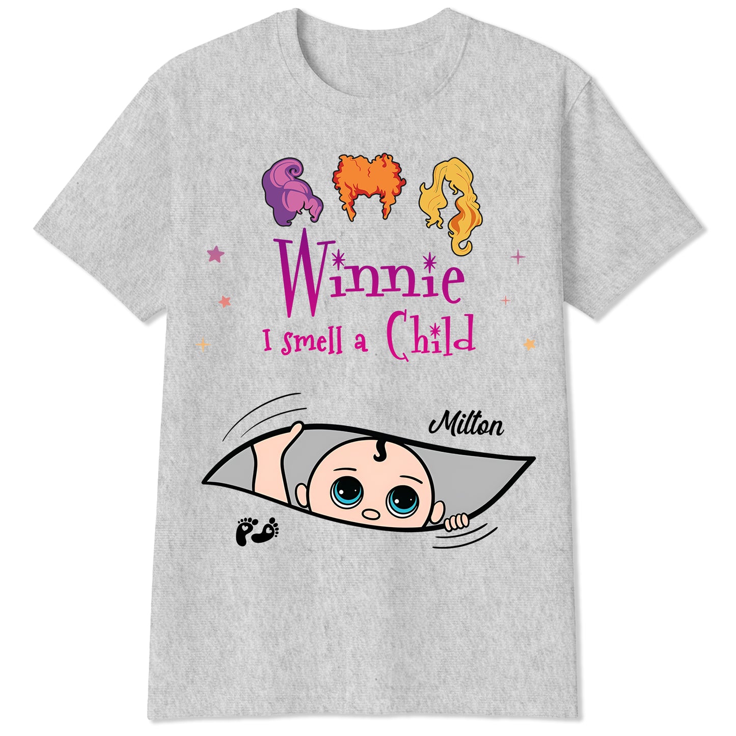 Grey personalized Halloween shirt with three witch hair silhouettes Winnie I Smell a Child and peeking baby Milton