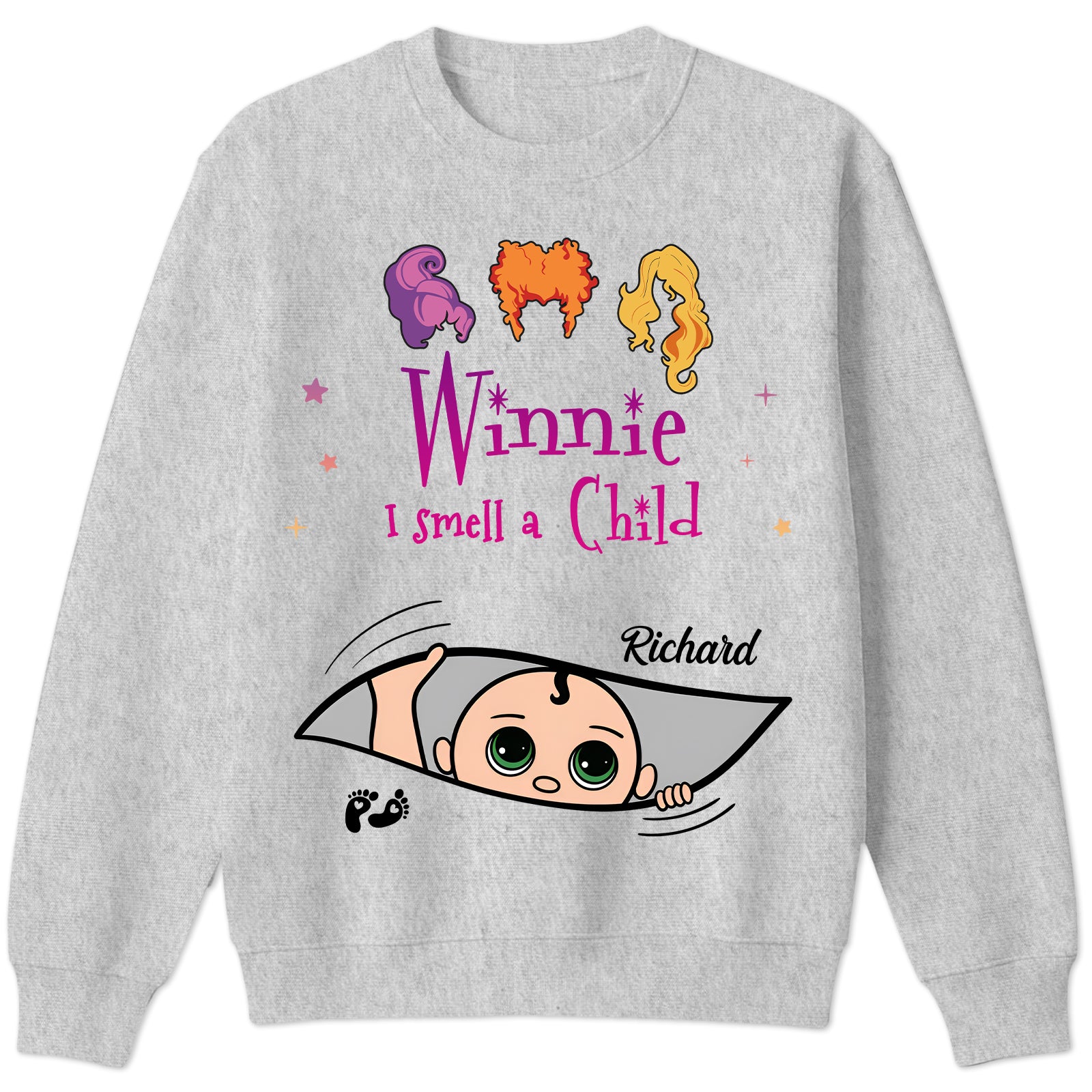Grey sweatshirt 365Gifty personalized Halloween shirt with Winnie I Smell a Child graphic and baby peek name Richard