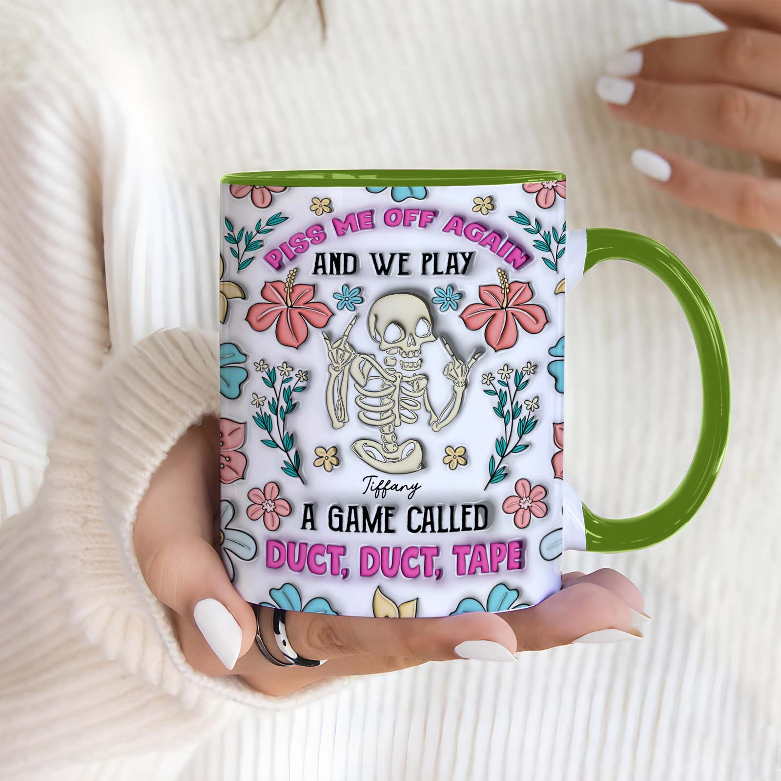 personalized halloween mug with floral skeleton design green handle and humorous duct tape game slogan