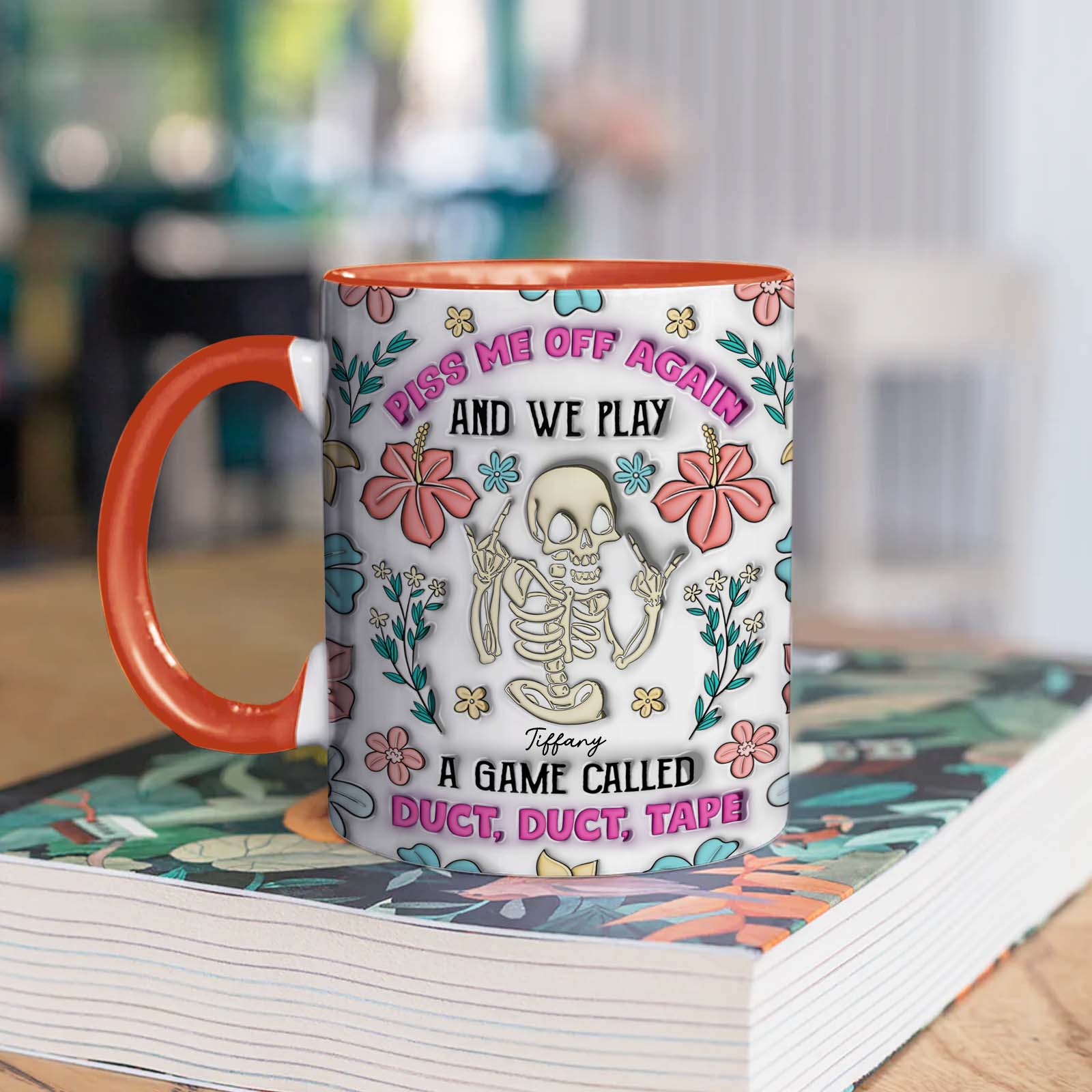 365Gifty personalized halloween mug with orange handle floral skull skeleton artwork and funny duct tape quote