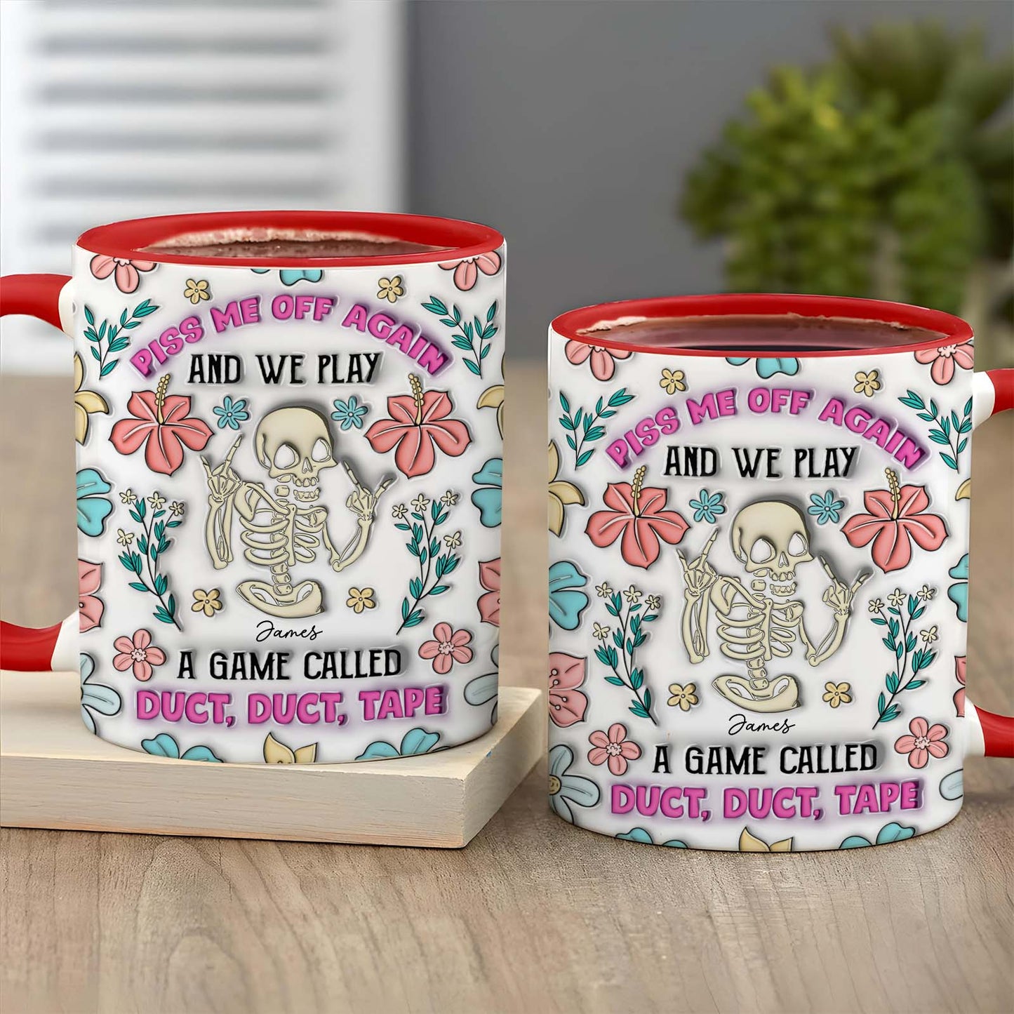 Two ceramic personalized halloween mug featuring skeleton with pastel flowers and playful duct tape game text