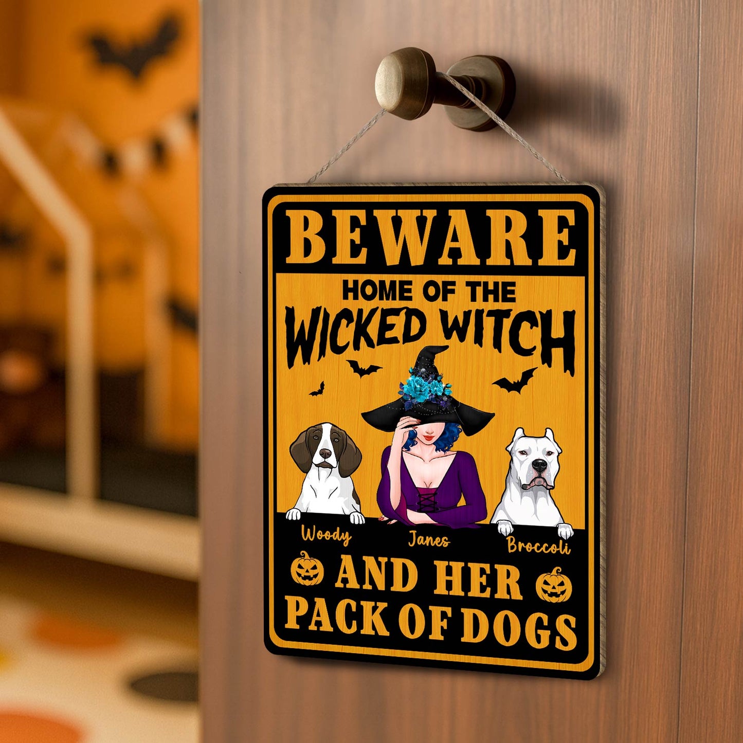 365Gifty Halloween door sign featuring a wicked witch and two dogs in orange black design unique Halloween gifts for pet lovers