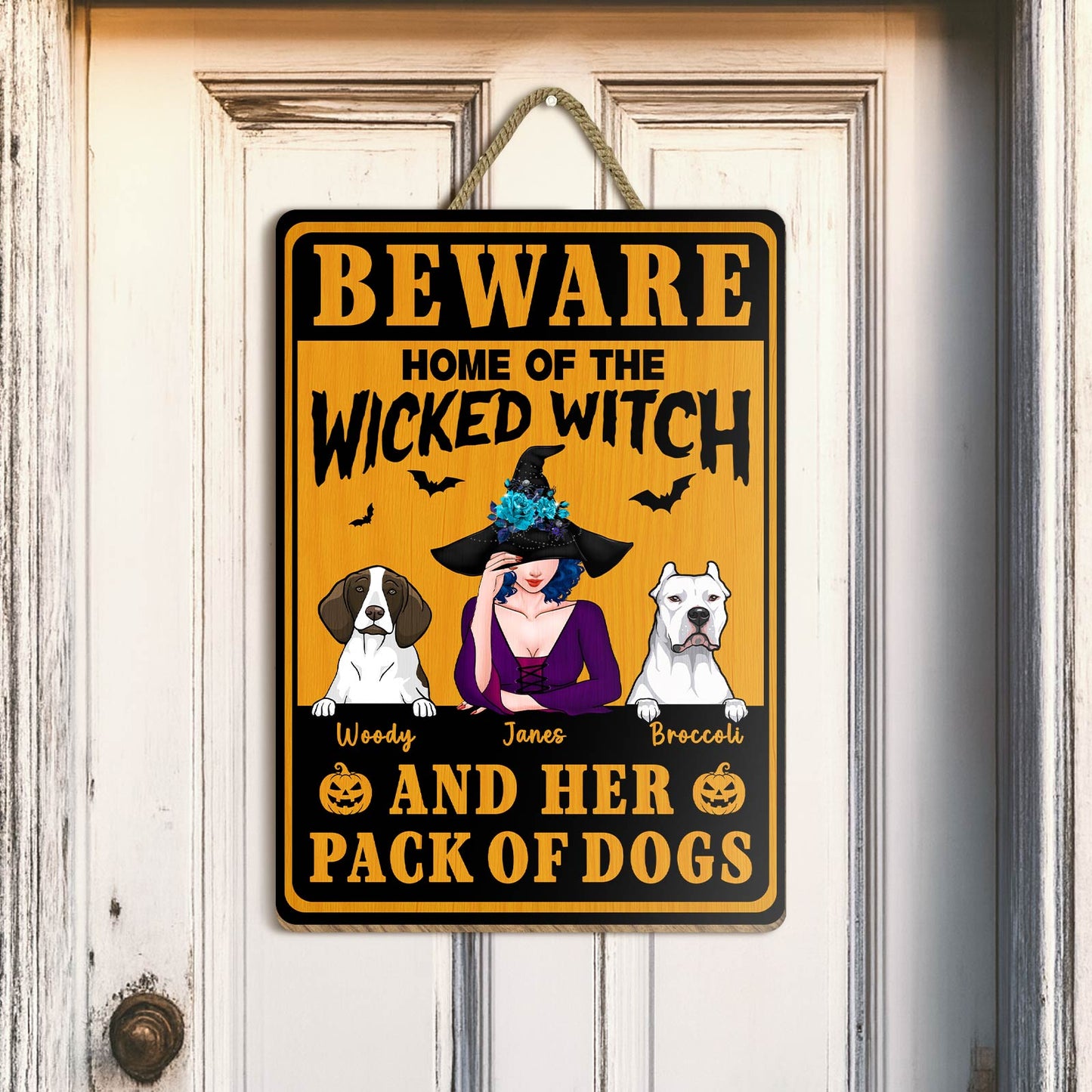 365Gifty Beware home of the Wicked Witch door sign showing a witch in purple and two dogs unique Halloween gifts for pet lovers