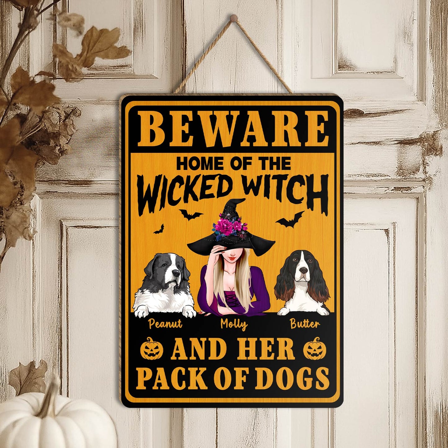 unique Halloween gifts for pet lovers sign beware plaque featuring a witch and two spaniels Peanut and Butter