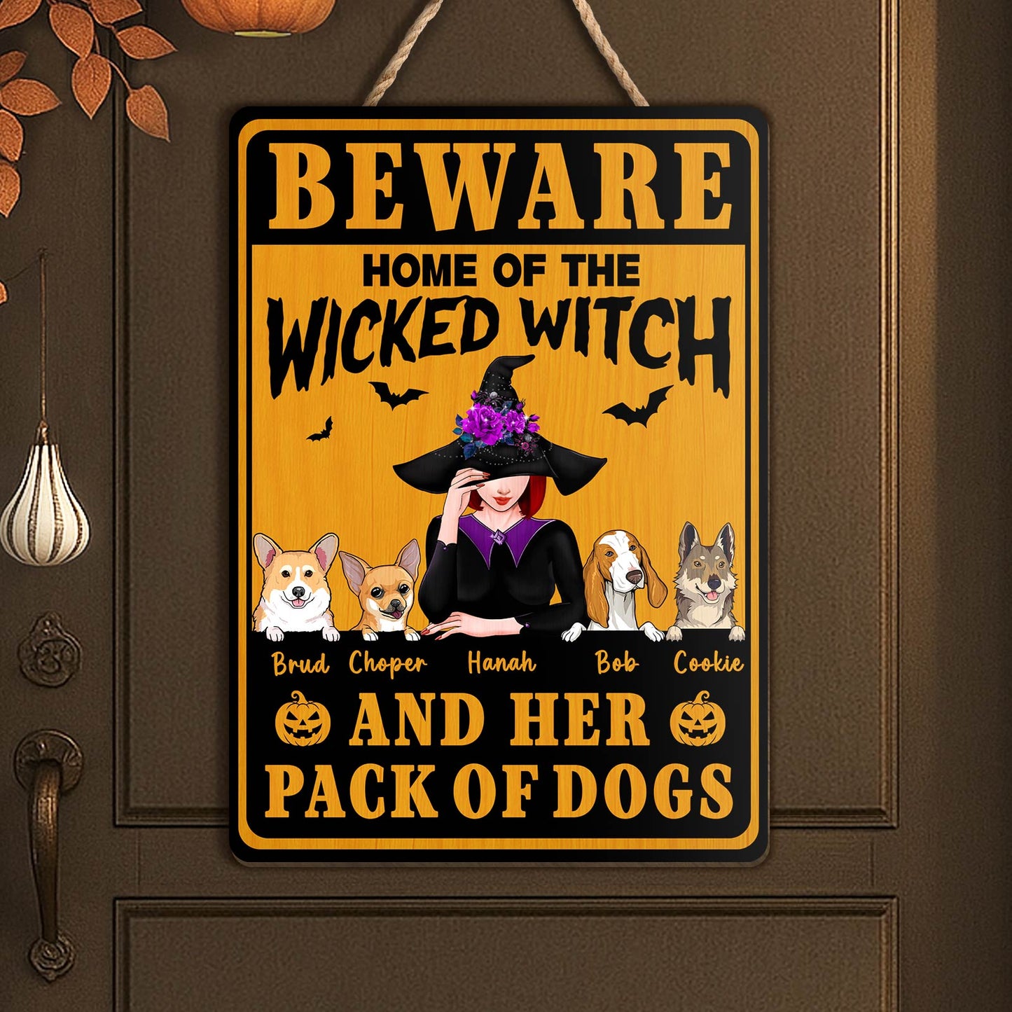 Wooden Partners in Crime plaque ornament with cartoon Jessica and Stacey, unique Halloween gifts for pet lovers