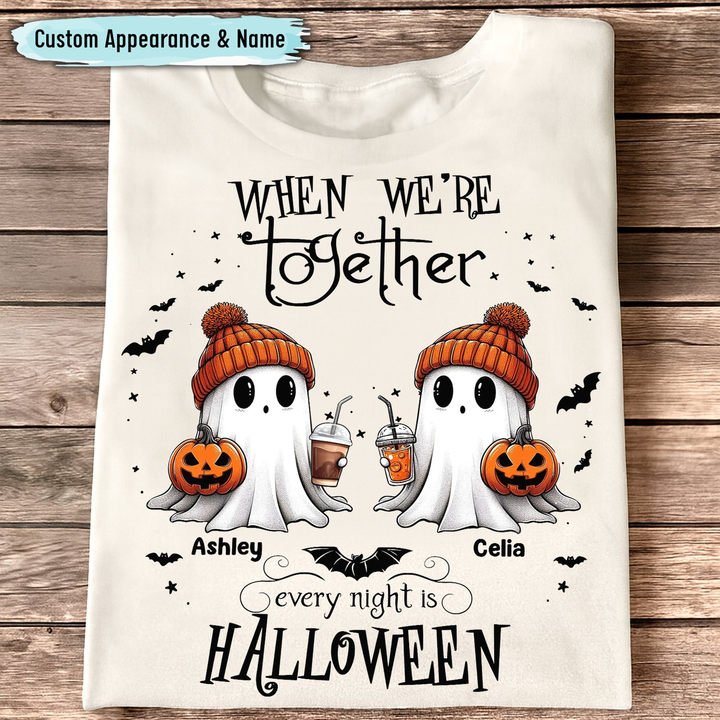 personalized Halloween ghost shirt featuring two beanie ghosts holding pumpkins and drinks with custom names Ashley and Celia