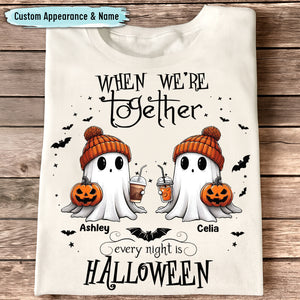 personalized Halloween ghost shirt featuring two beanie ghosts holding pumpkins and drinks with custom names Ashley and Celia