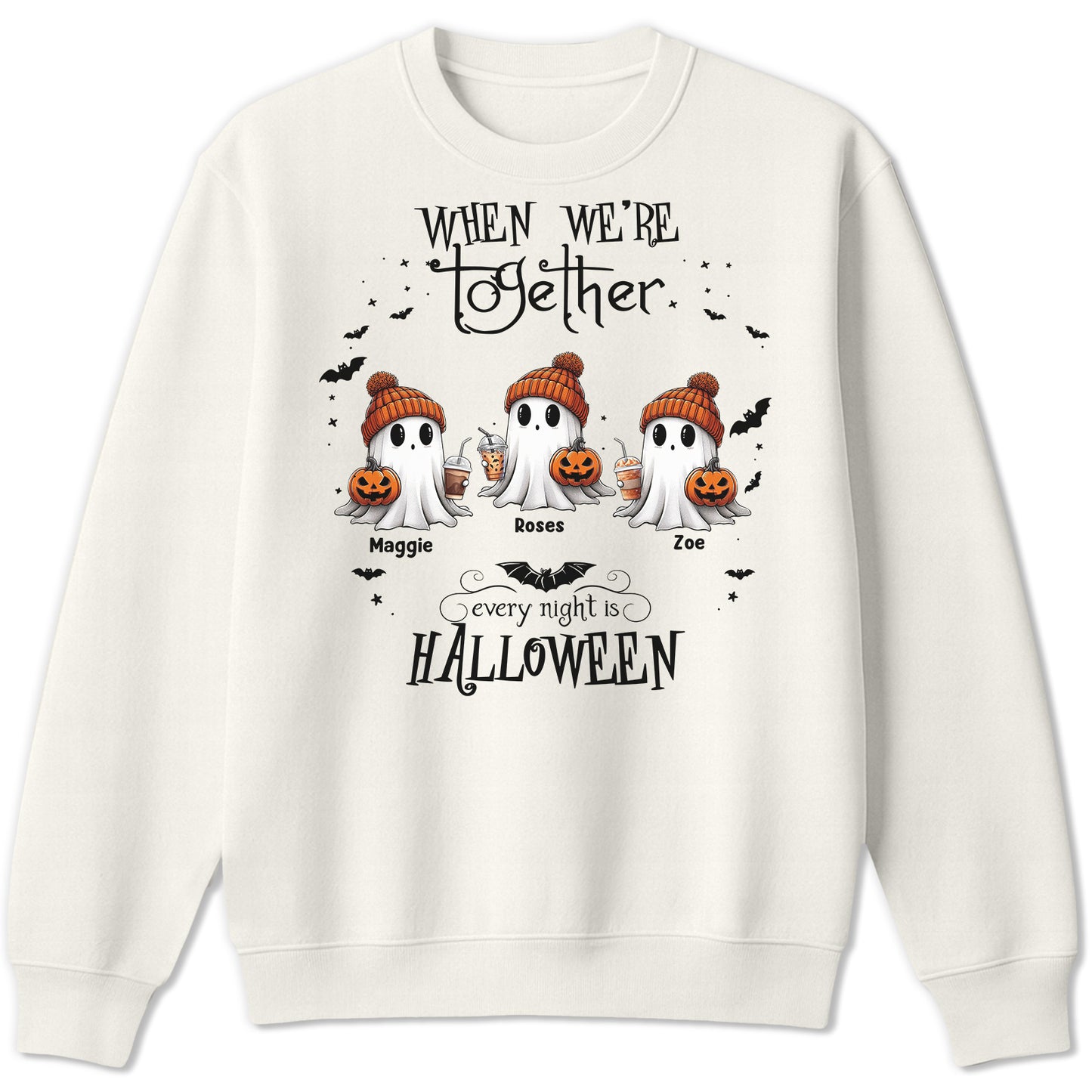 personalized Halloween ghost shirt white sweatshirt with three ghosts in orange knit hats holding jack o lanterns and names