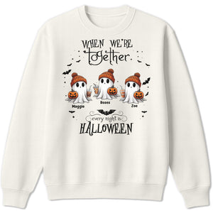 personalized Halloween ghost shirt white sweatshirt with three ghosts in orange knit hats holding jack o lanterns and names