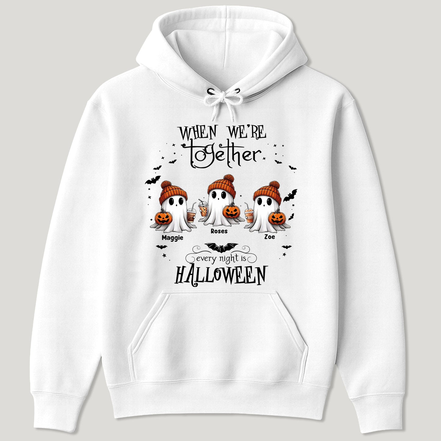 White hoodie featuring personalized Halloween ghost shirt design with three named ghosts in orange hats holding pumpkins