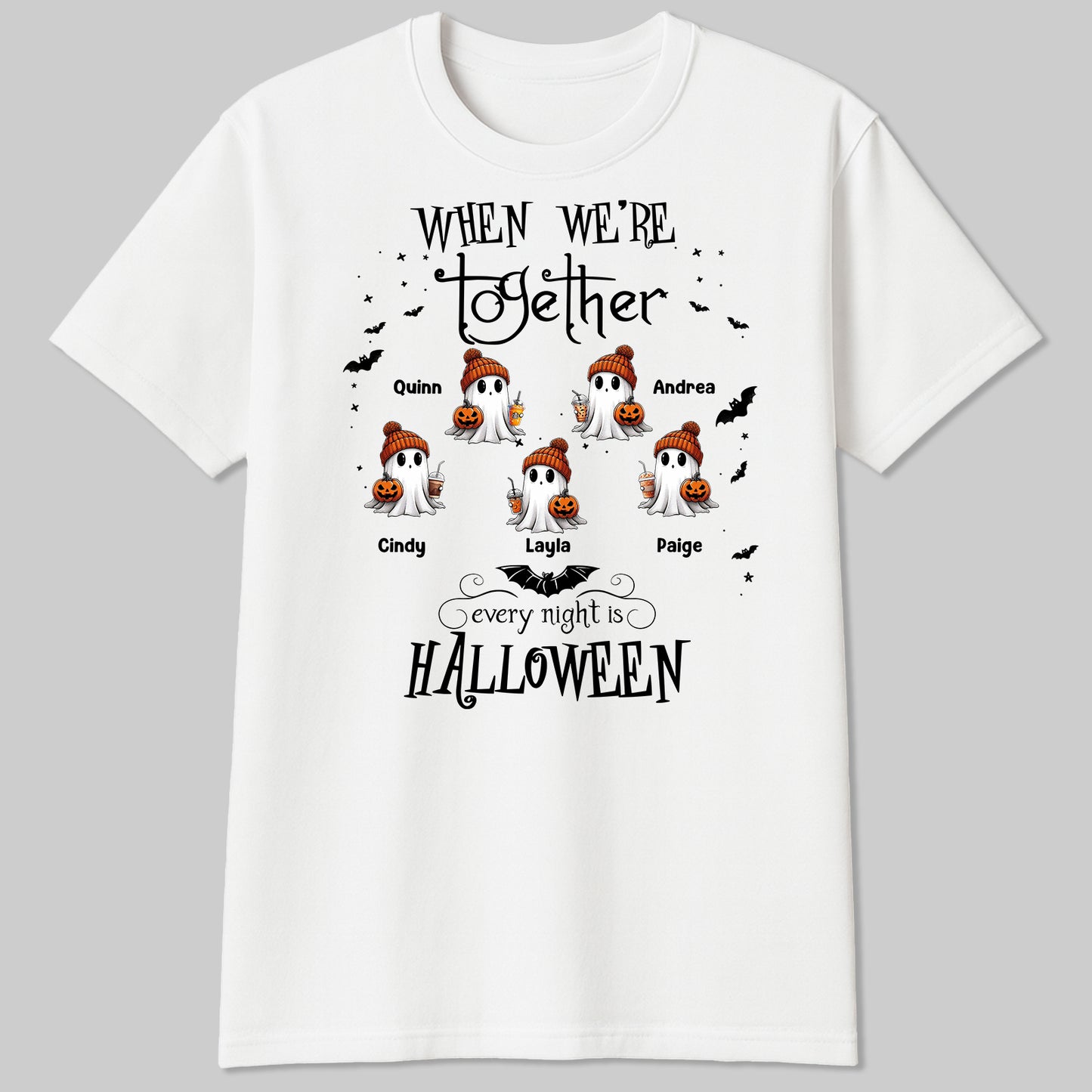 White personalized Halloween ghost shirt with six beanie ghosts holding pumpkins and customizable names