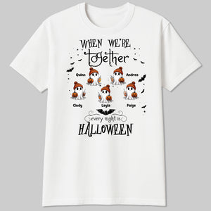 White personalized Halloween ghost shirt with six beanie ghosts holding pumpkins and customizable names