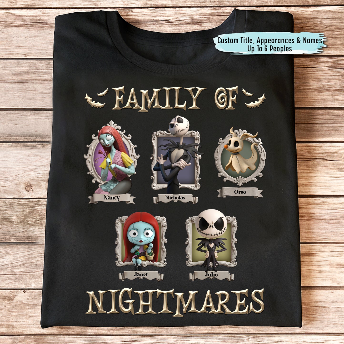 Black personalized halloween shirt featuring Family of Nightmares cartoon portraits of six custom named characters