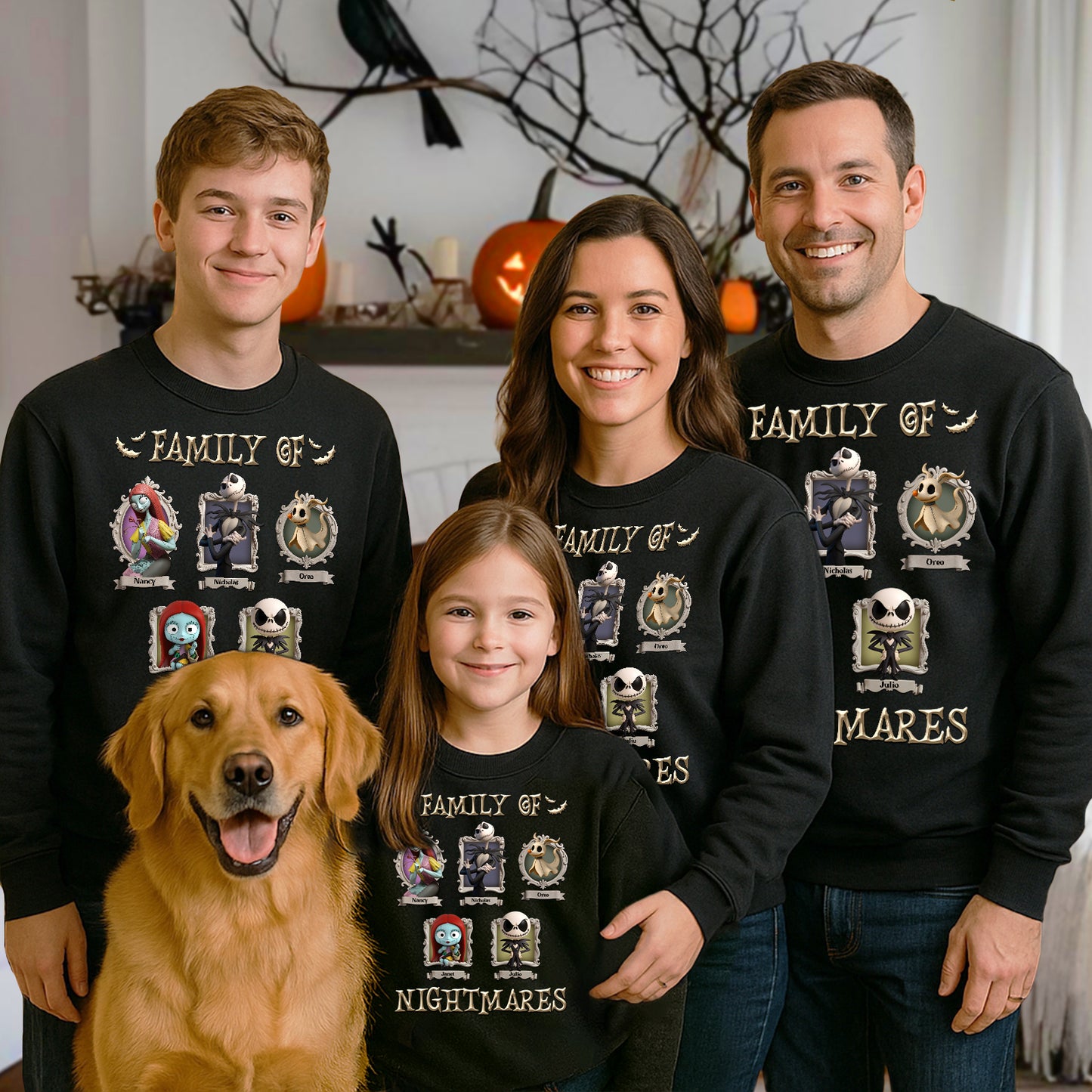 Smiling family of four and dog wearing personalized halloween shirt matching black family of nightmares design
