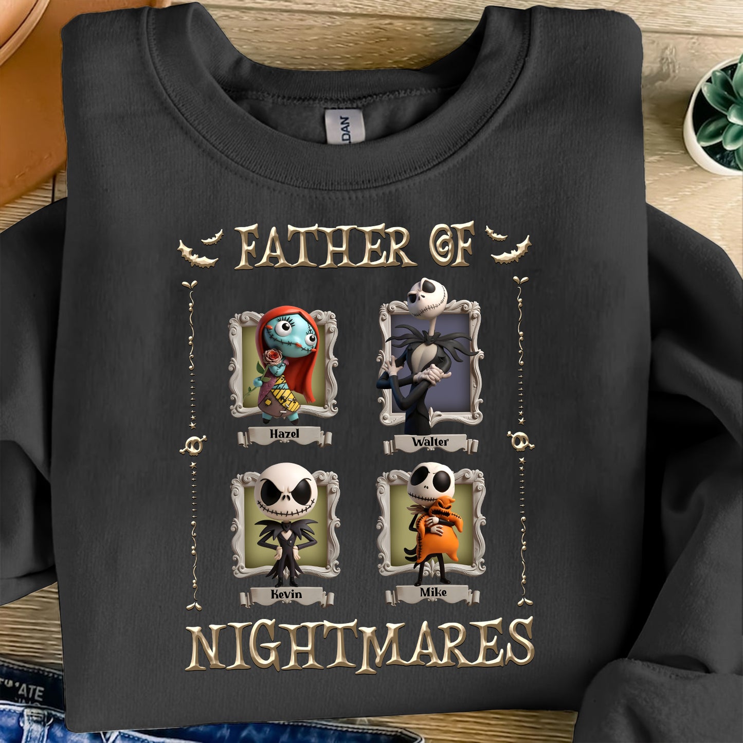 Black Father of Nightmares crewneck with four framed spooky characters, customizable names, personalized halloween shirt