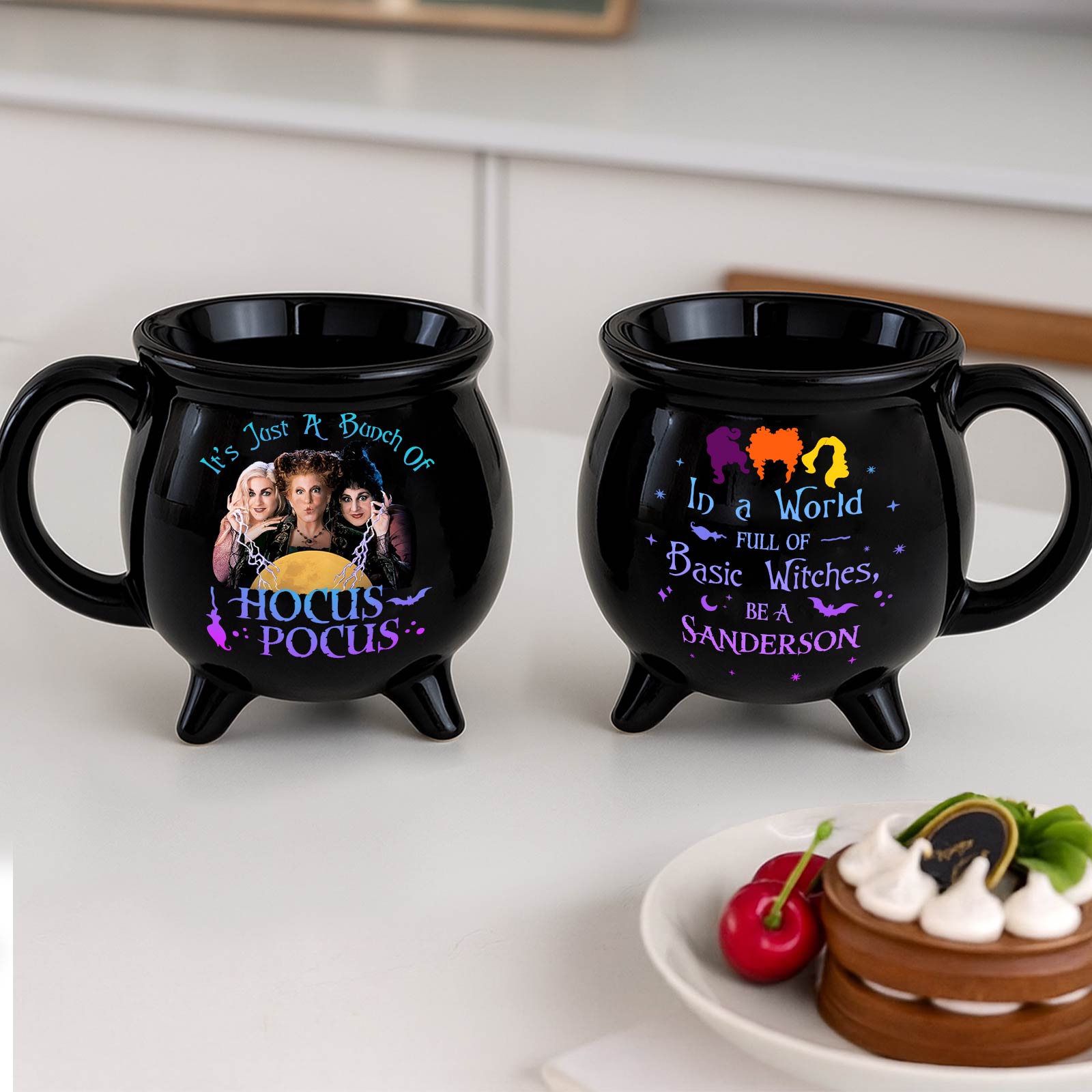 Hocus Pocus Halloween cauldron mug two black ceramic cauldron mugs showing Sanderson sisters front and quote designs