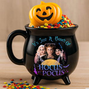 Hocus Pocus Halloween cauldron mug black cauldron with Sanderson sisters graphic filled with candy and pumpkin lid