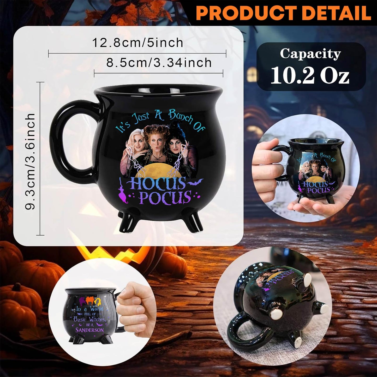 365Gifty Hocus Pocus Halloween cauldron mug listing image shows round wooden Dont Knock Unless family skeleton door sign
