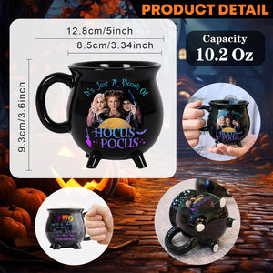 365Gifty Hocus Pocus Halloween cauldron mug listing image shows round wooden Dont Knock Unless family skeleton door sign
