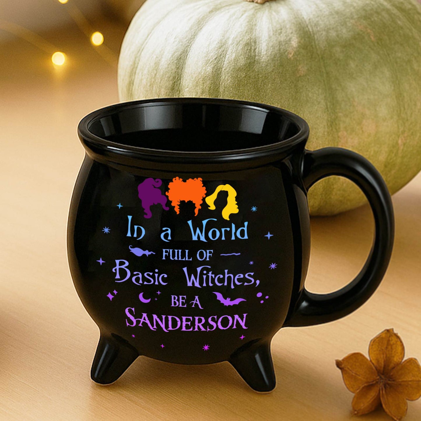 Hocus Pocus Halloween cauldron mug 365Gifty black ceramic cauldron mug with Sanderson sisters silhouettes and Be a Sanderson quote