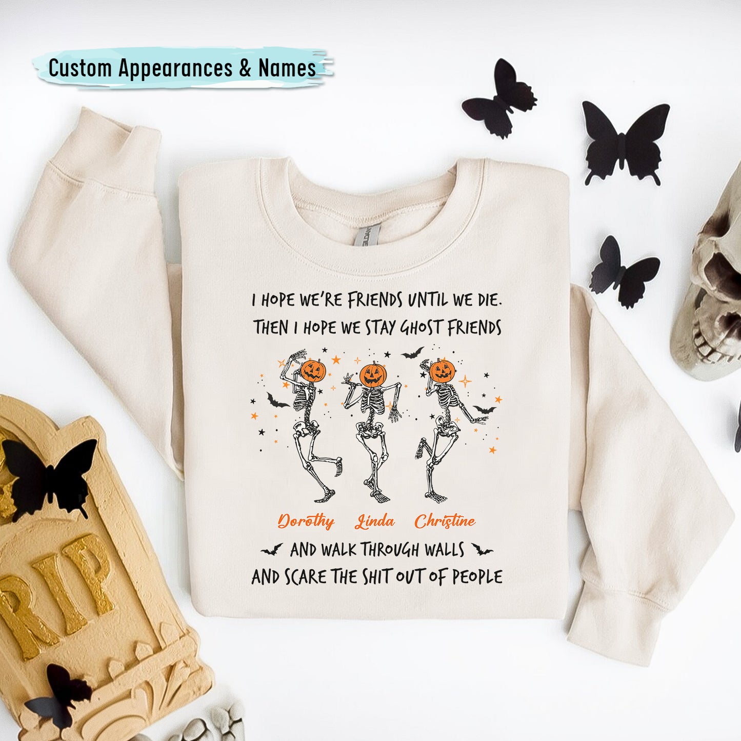custom best friend Halloween sweatshirt cream crewneck with three pumpkin head skeletons and personalized names