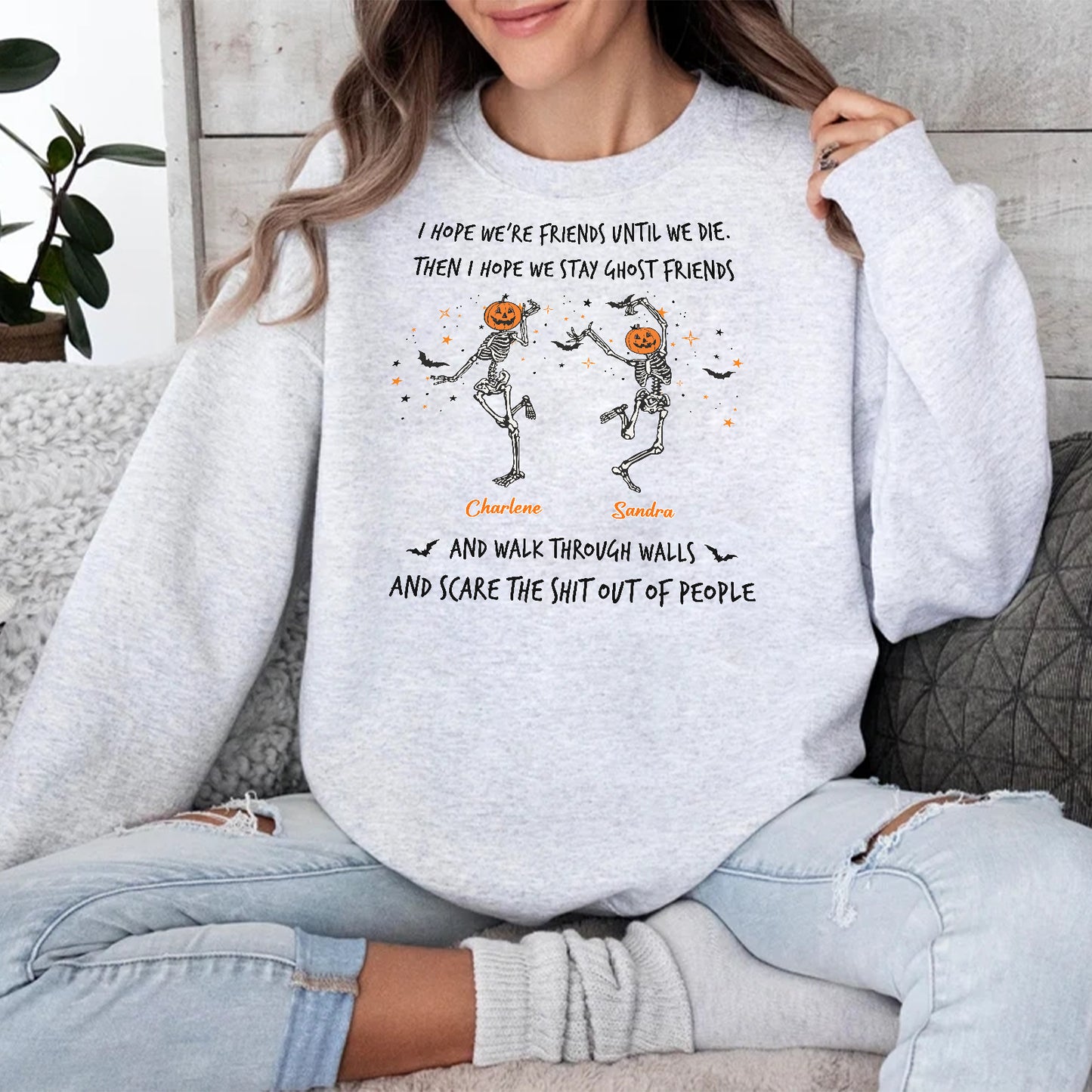 Model wearing 365Gifty custom best friend Halloween sweatshirt gray pullover with dancing skeleton pumpkin friends and text