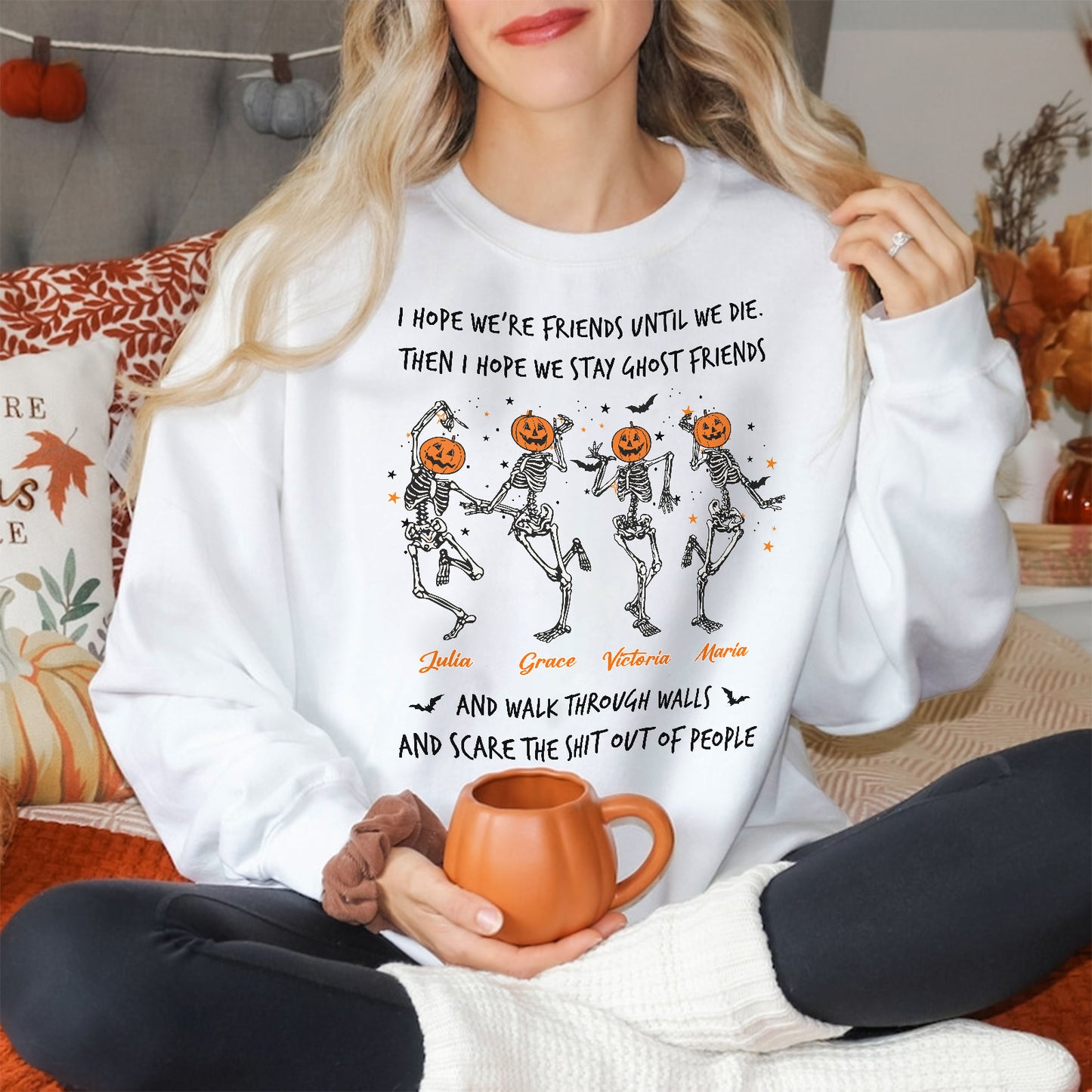 custom best friend Halloween sweatshirt white pullover with dancing skeletons pumpkin heads and printed names