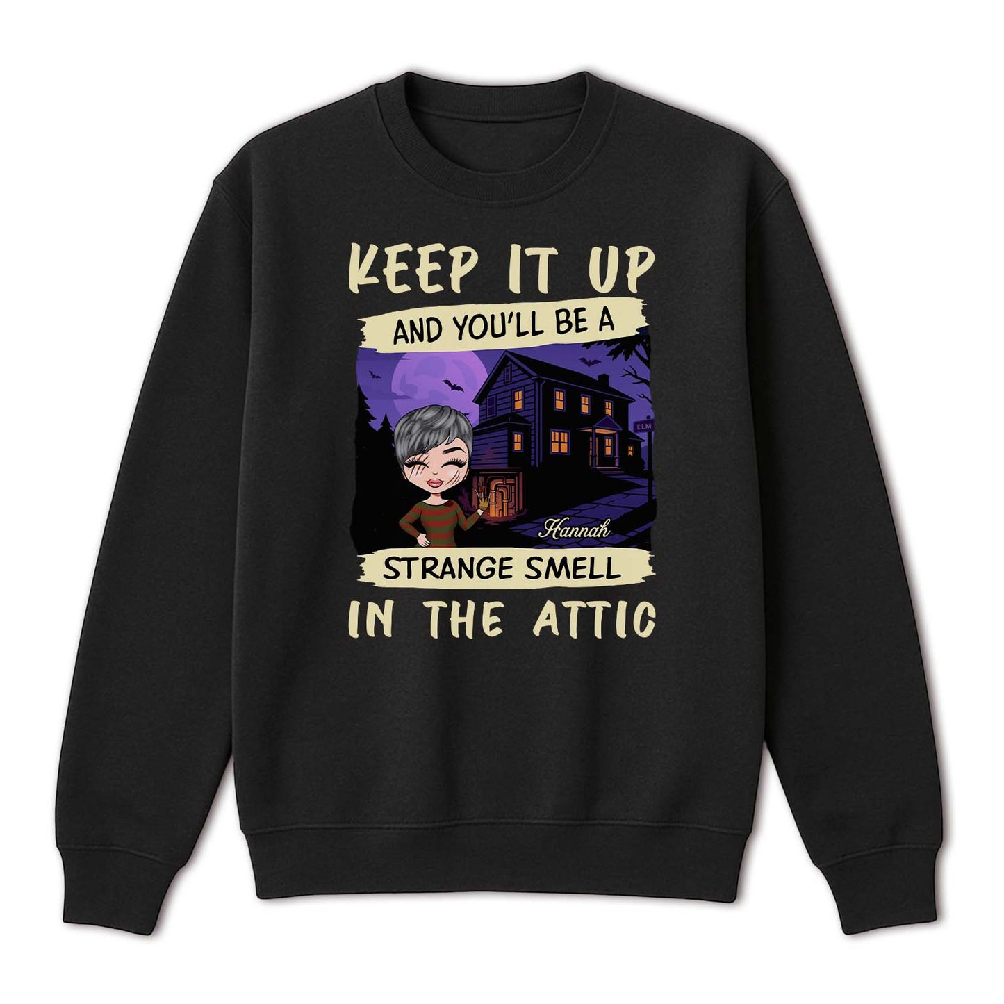 Black personalized funny Halloween shirt crewneck with cartoon haunted house chibi character and name Hannah