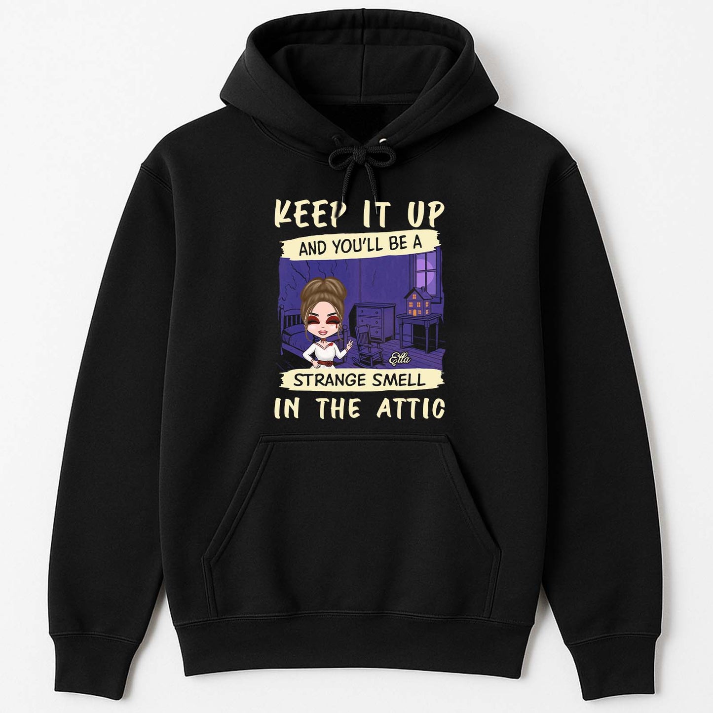 365Gifty personalized funny Halloween shirt black hoodie with cartoon woman and spooky attic graphic