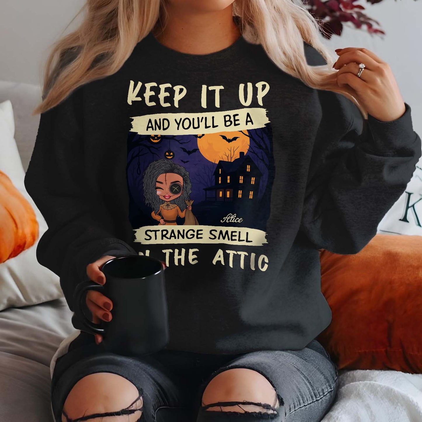 365Gifty personalized funny Halloween shirt black pullover with cartoon witch and haunted house moon design