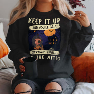 365Gifty personalized funny Halloween shirt black pullover with cartoon witch and haunted house moon design