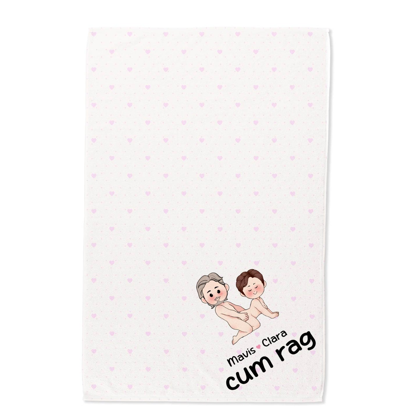 Personalized Beach Towel white with pink heart pattern showing two cartoon baby figures and custom names in corner