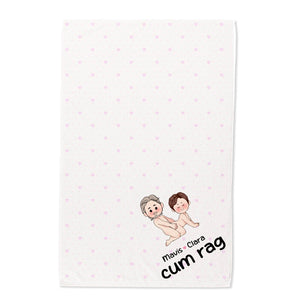 Personalized Beach Towel white with pink heart pattern showing two cartoon baby figures and custom names in corner