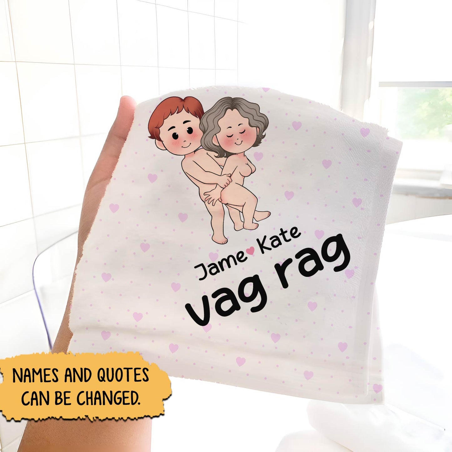 Personalized Beach Towel with cute cartoon couple hugging customizable names and heart pattern