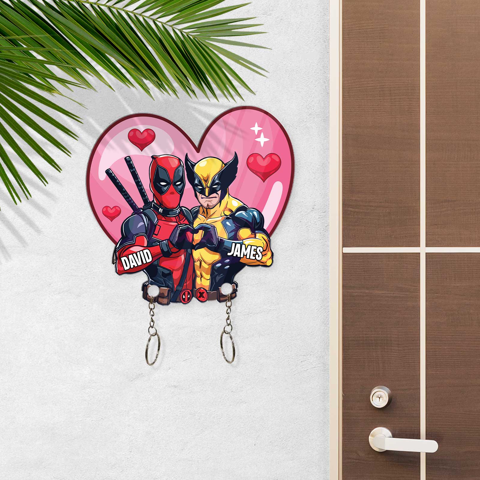 Custom superhero couple keychain gift featuring Deadpool and Wolverine with a heart design