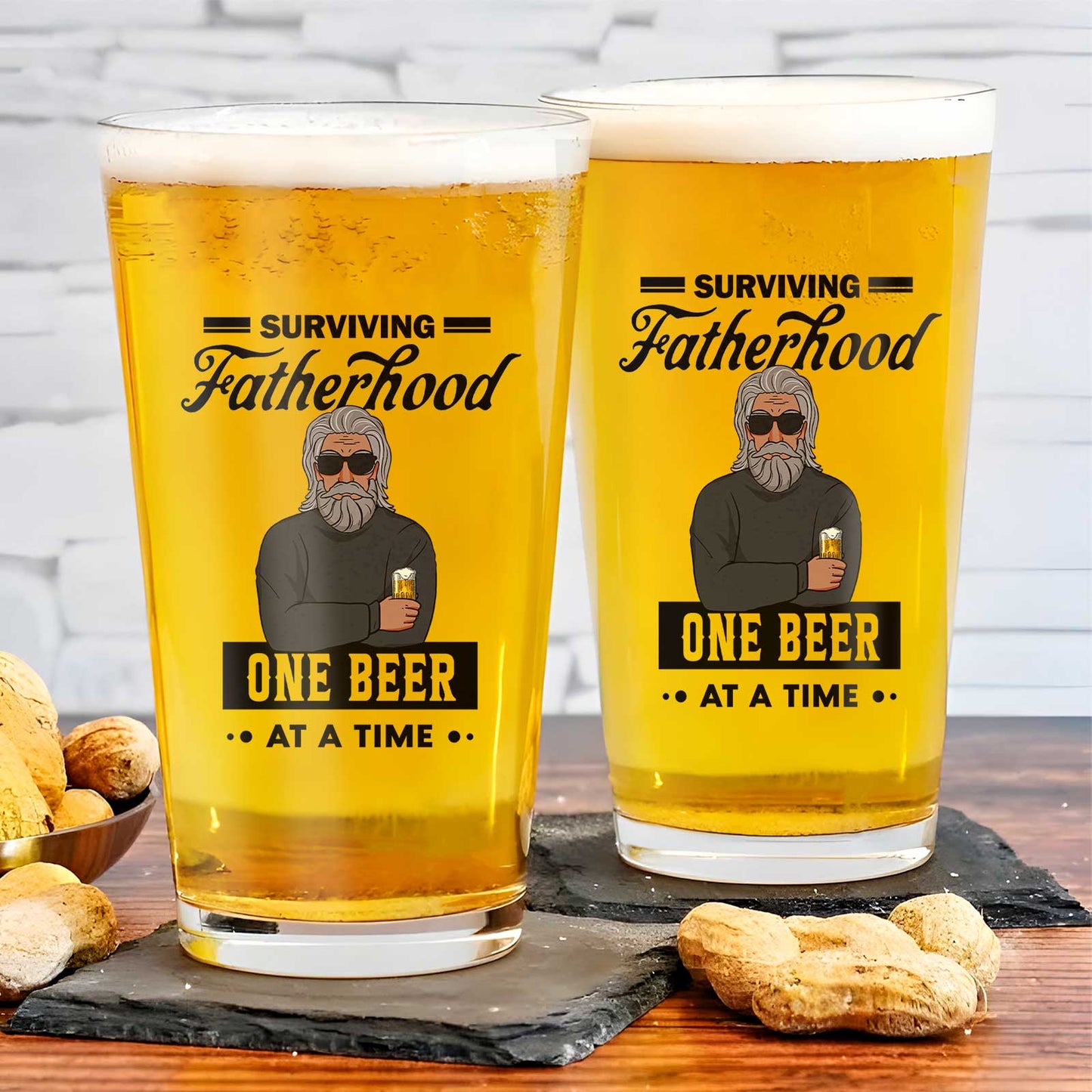 Personalized Whiskey Glass printed Surviving Fatherhood One Beer at a Time design on two beer pint glasses