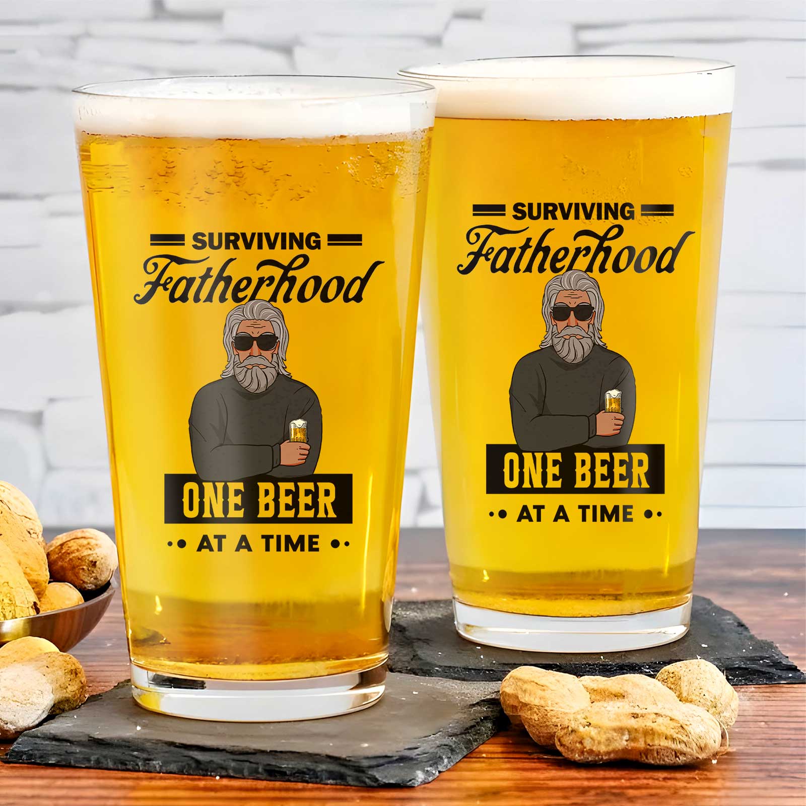 Personalized Whiskey Glass printed Surviving Fatherhood One Beer at a Time design on two beer pint glasses