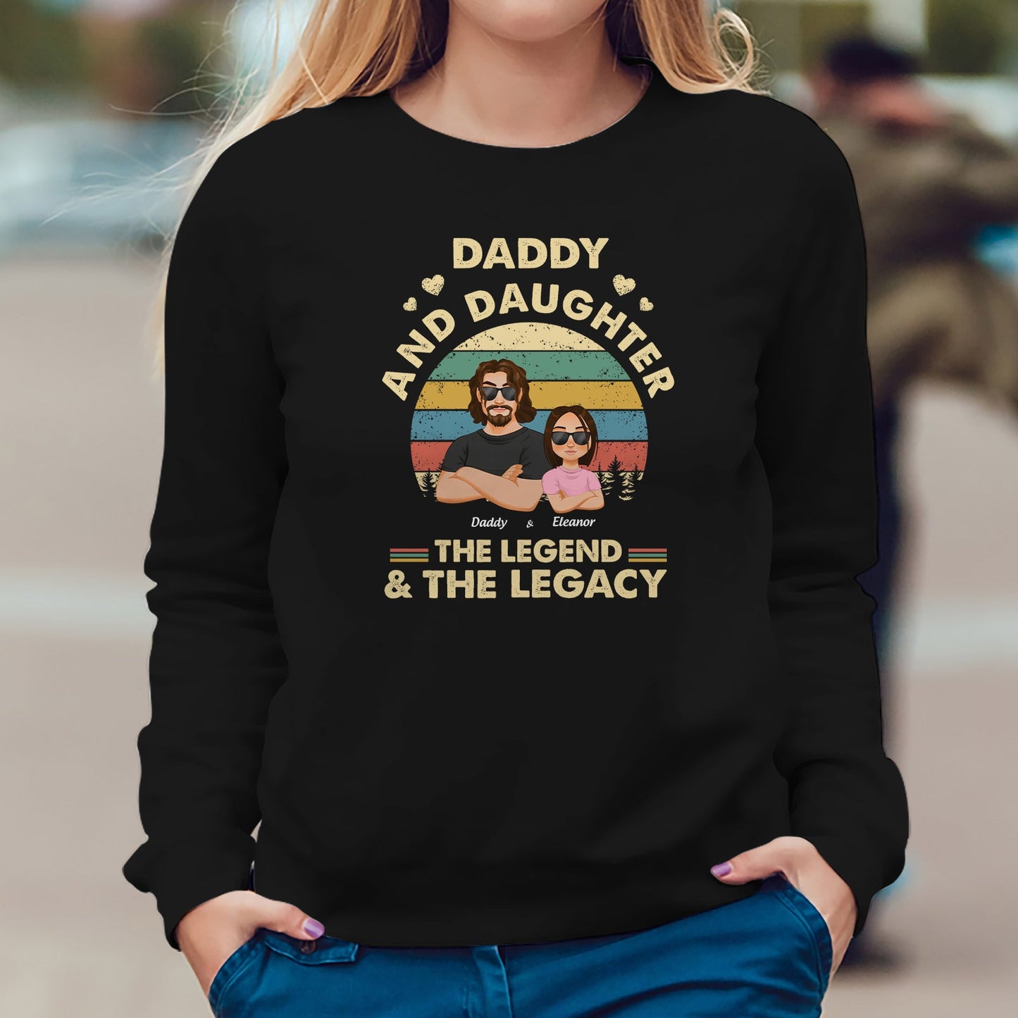 Black Daddy and Daughter the legend and the legacy shirt with a vintage sunset design and illustrated characters