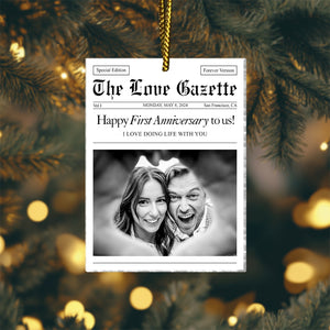 365Gifty personalized couple photo ornament designed like a newspaper celebrating first anniversary