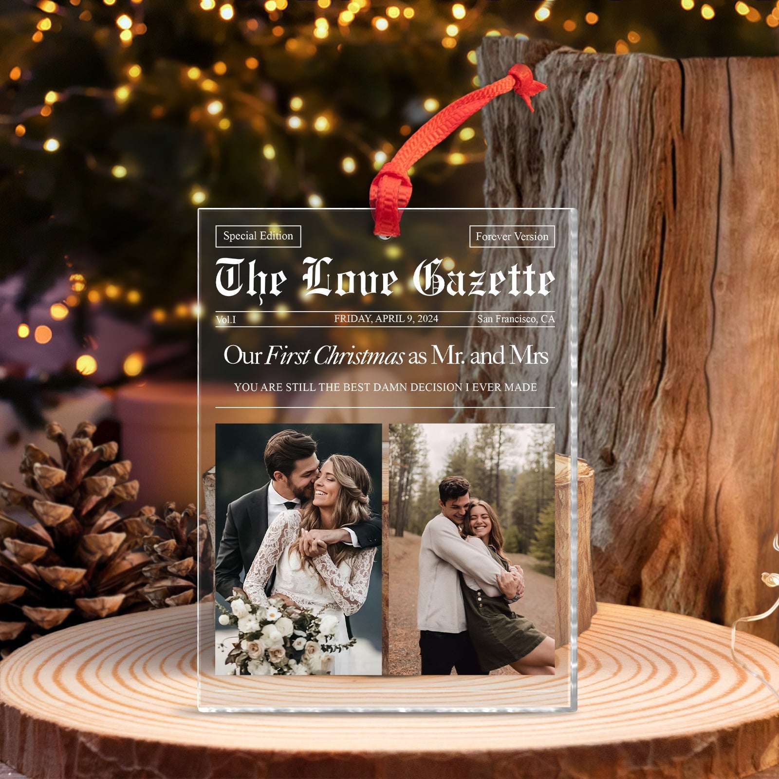 365Gifty personalized couple photo ornament featuring a custom newspaper design for first Christmas as Mr. and Mrs.