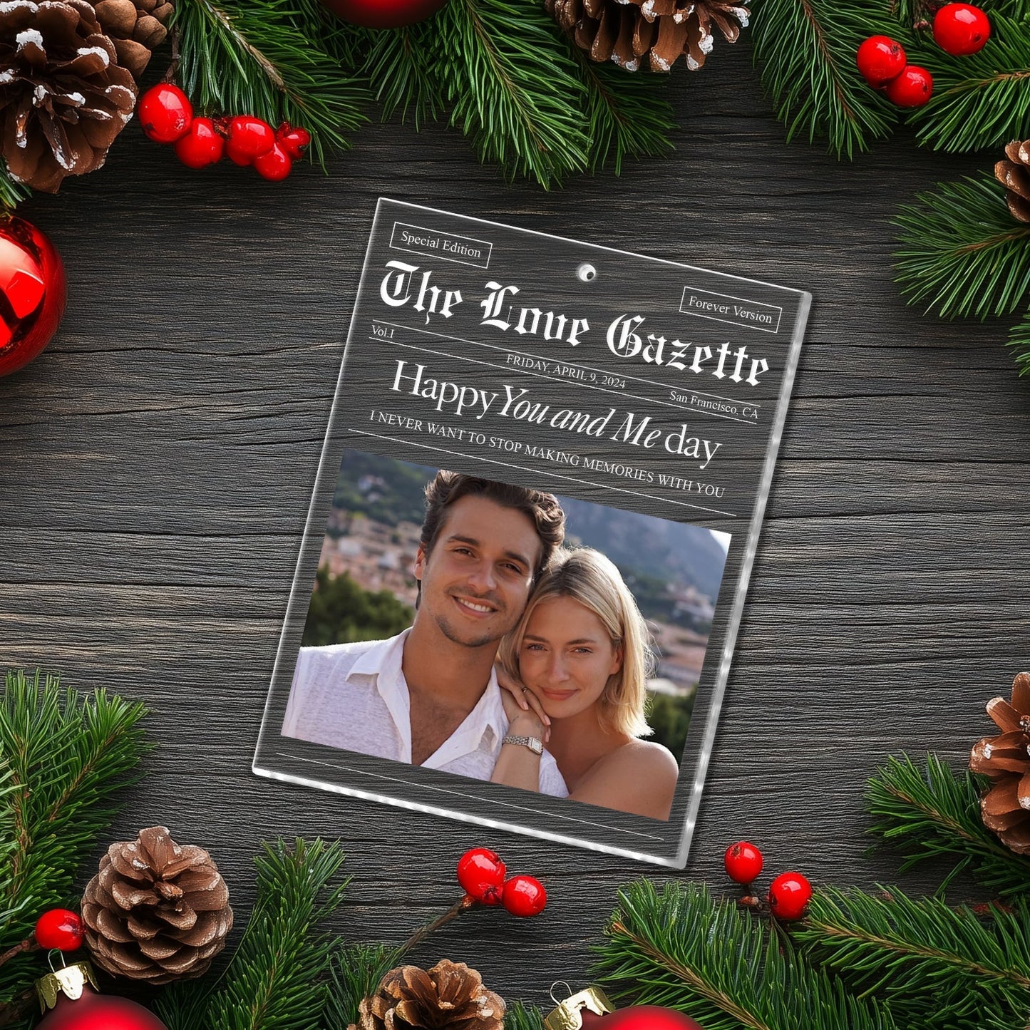 365Gifty personalized couple photo ornament styled as a newspaper on festive wood background