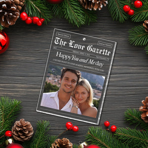 365Gifty personalized couple photo ornament styled as a newspaper on festive wood background